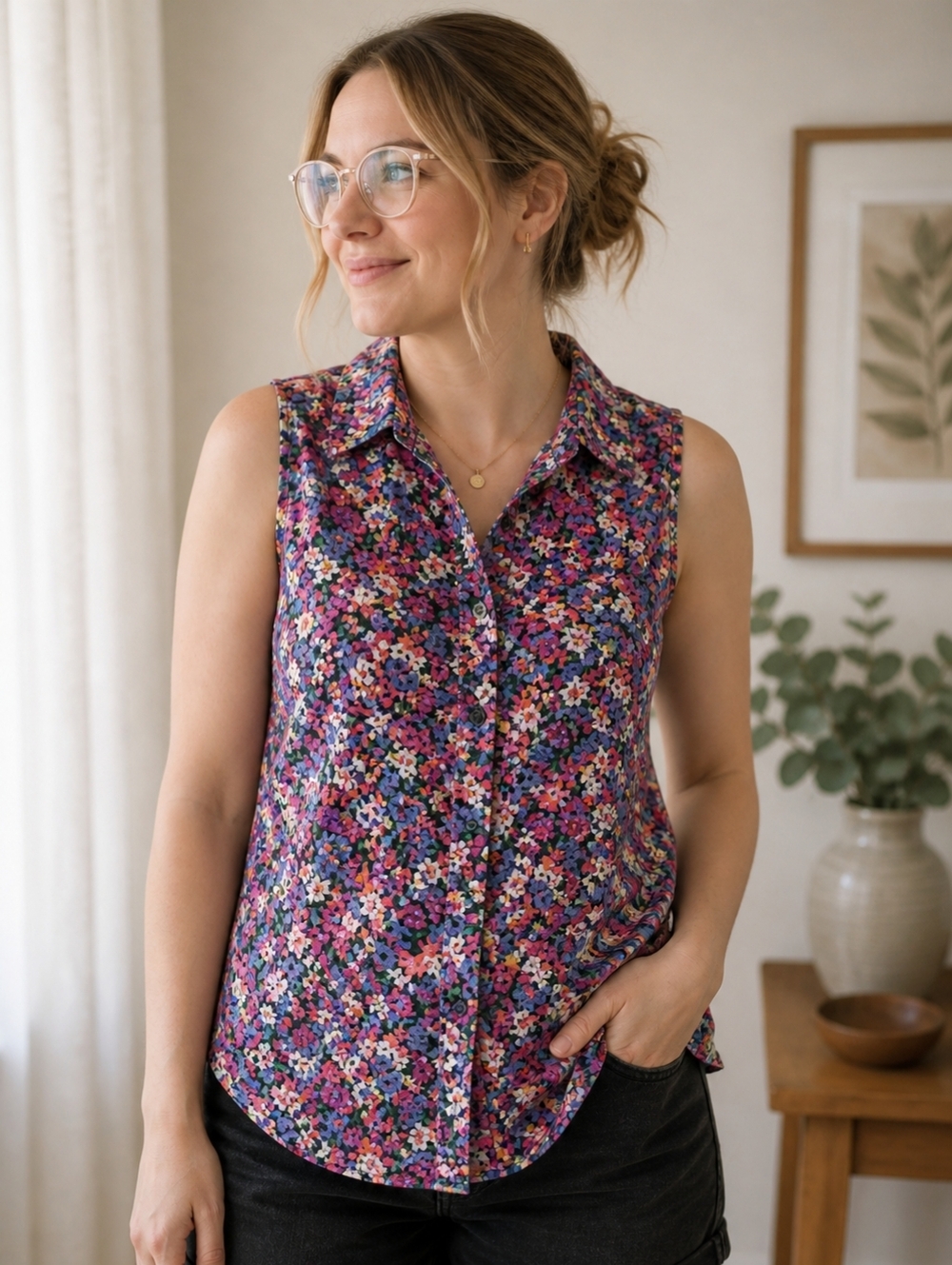 VINTAGE 100% Cotton Mixed Blues Pink & Blue Floral Tank Top M